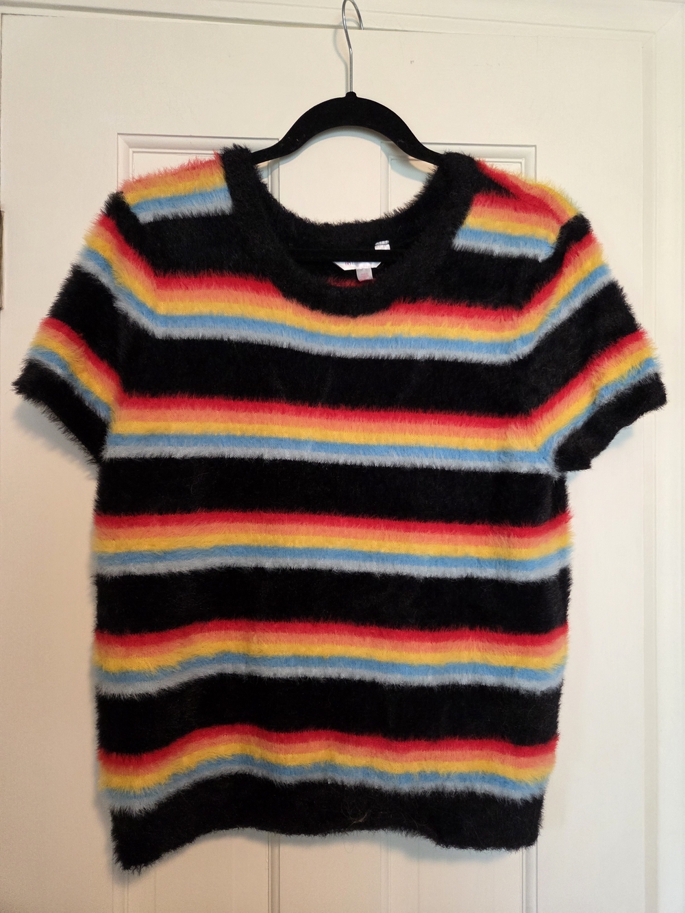No Boundaries Black Fuzzy Short Sleeve Tee with Rainbow Stripes